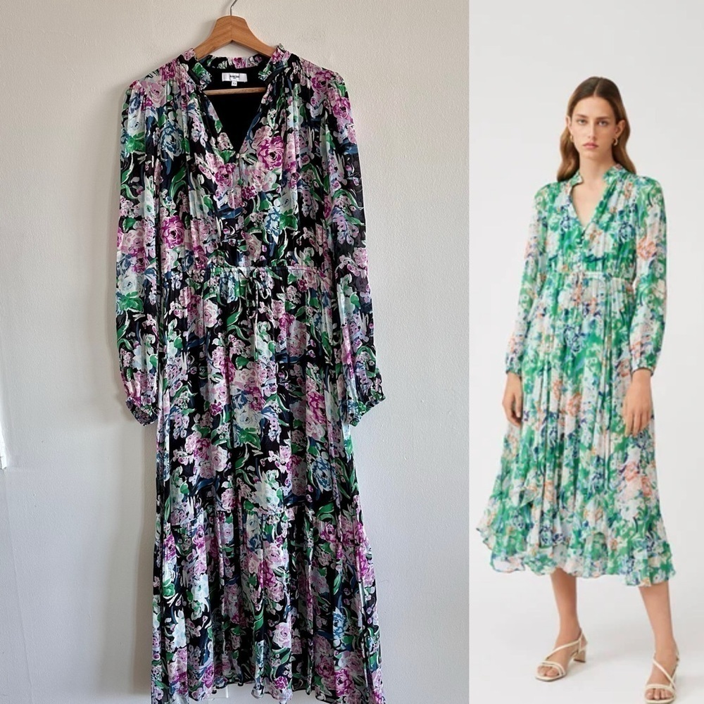 SUNCOO Paris Cleofe Peony midi long sleeve floral midi dress